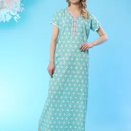 TRUNDZ Turquoise Blue Pure Cotton Maxi Printed Nightdress-picture-33