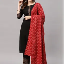 SHRIZA Ethnic Motifs Embroidered Round Neck Kurta With Trousers & Dupatta image 5