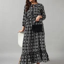 Krunal Raiyani Printed Tie-Up Neck Fit & Flare Maxi Dress-image-96