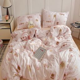 JC HOME Champagne & Pink Cartoon Characters Polycotton 3 Piece Double Queen Regular Bedding Set-picture-33