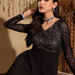 Miss Chase Women's V-Neck Full Sleeve Self Design Lace-Overlaid Georgette Maxi Dress image 3