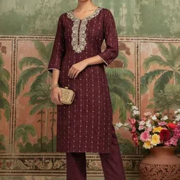 Sangria Embroidered Round Neck Straight Kurta & Trousers-picture-10