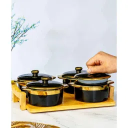 roxx Porcelain Serving Bowl with Lid & Wooden Tray Set of 5pcs image 2