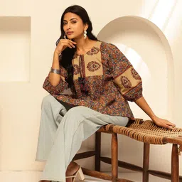 GULMEHAK Floral Print Keyhole Neck Puff Sleeve Cotton Peplum Top-picture-28