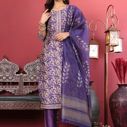 Varanga Floral Printed Regular Chanderi Silk Straight Kurta with Trousers & Dupatta image 1