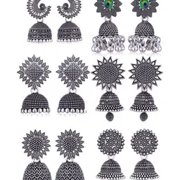 DIVASTRI Set Of 6 Silver-Plated Artificial Beaded Oxidised Dome Shaped Jhumkas-picture-22