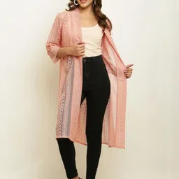 TRIRAJ Women Peach Self Design Shrug image 4
