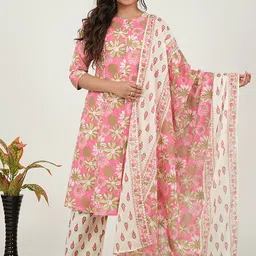 Aramya Women Floral Printed Regular Pure Cotton Kurta with Trousers & With Dupatta-image-22