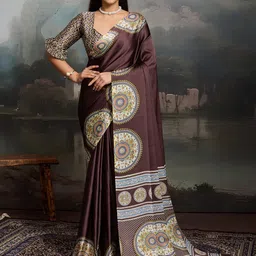 House of Pataudi Satin Block Print Saree With Blouse Piece-picture-36