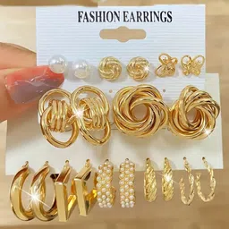 GOLDIWALA Set Of 10 Gold-Plated Artificial Beads Beaded Contemporary Half Hoop Earrings-picture-37