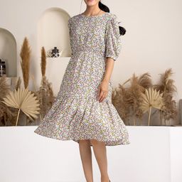 DressBerry Women Floral Printed Bell Sleeve Crepe Fit & Flare Dress-image-62