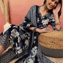 Sangria Floral Printed Adda Work Cotton Kurta With Trouser & Dupatta image 3