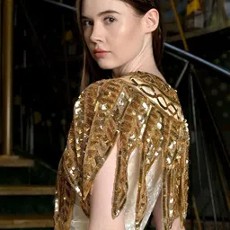 ODETTE Women Golden Embellished Cape Party Button Shrug image 5