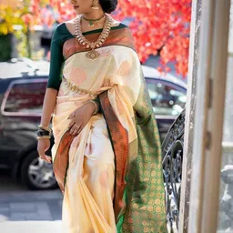 PHEASANT Woven Design Zari Saree with Jacquard Border and Unstitched Blouse-image-84