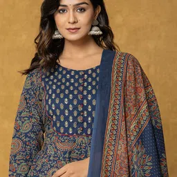 Yufta Paisley Printed Sequinned Pure Cotton Straight Kurta with Trousers & Dupatta image 2