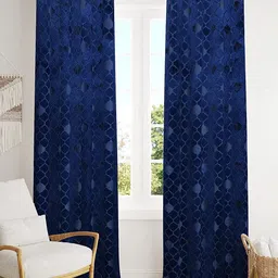 B' Decorlish Navy Blue 2 Pieces Printed Room Darkening Velvet Long Door Curtain-image-83