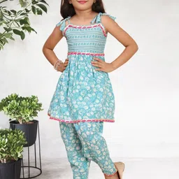 Cutiekins Girls Floral Printed Shoulder Straps Gotta Patti A-Line Kurta With Dhoti Pants-picture-23