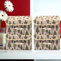 RUBOXA Cream Colored & Green 4 Pieces Printed Cotton Foldable Drawer Organiser-picture-0