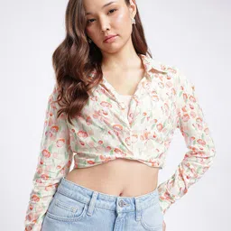 glitchez Floral Printed Shirt Style Crop Top-picture-17