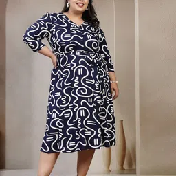plusS Women Plus Size V-Neck Abstract Print Puff Sleeve Fit & Flare Dress-image-91