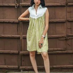 Satnam Handicrafts Women Striped Sleeveless Shirt Collar A-Line Dress-image-32
