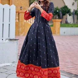 HERE&NOW Women Rayon Printed Embroidered Long Sleeves Pleated Anarkali Gown-picture-20