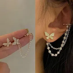 Korean Chain Ear Cuff Butterfly Stud Earrings For Women & Girls 2 Pcs/Set Metal Cuff Earring-image-7