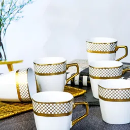 Roxx White & Gold-Toned 6 Pieces Printed Porcelain Dishwasher Safe Glossy Mugs 230 ml-image-40
