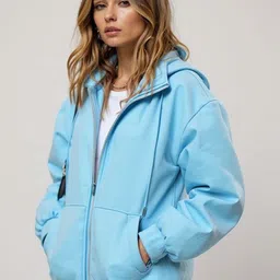 HERE&NOW Women Turquoise Cotton Long Sleeves Kangaroo Pocket Hooded Pullover Sweatshirt-picture-37