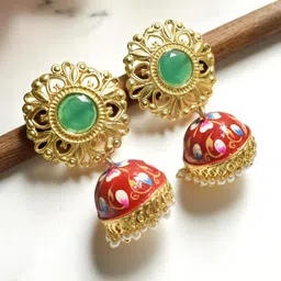 TISHUL JEWELS Gold-Plated Artificial Stones Studded & Beads Beaded Dome Shaped Jhumkas-picture-33