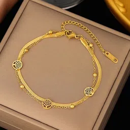 MYKI Stainless Steel Gold-Plated Artificial Beaded Tree of Life Dual Chain Bracelet-image-90