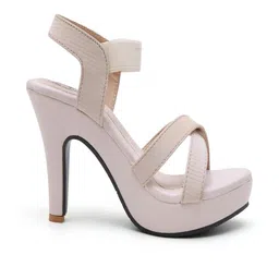 The arwah Women Cream Cross Strap Stiletto Solid Heels image 3