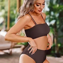 mon fashion collection Solid Women Bikini Brown Swimsuit image 2