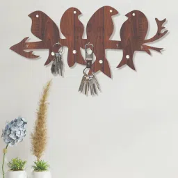 random Birds Walnut Finish Mdf Wall Hanging With 5 Hooks Key Holder image 1