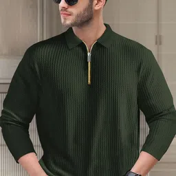 Men Solid Polo Neck Cotton Blend Dark Green T-Shirt-image-42