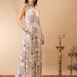 Globus V-Neck Tie Up Sleeves Ethnic Print Wide Leg Fusion Jumpsuit image 4