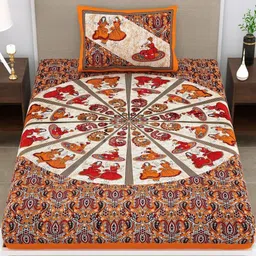 DHANOTA Brown & Cream-Coloured Ethnic Motifs 160 TC Single Bedsheet with 1 Pillow Covers-image-4