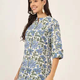 BAESD Floral Print Mandarin Collar Roll-Up Sleeves Ethnic Cotton Top image 5