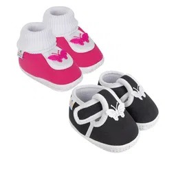 NESKA MODA Kids-Unisex Set Of 2 Black & Pink Cotton Booties-picture-58