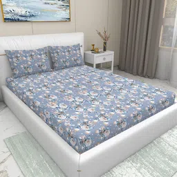 Aura Blue & White Floral 220 TC King Bedsheet with 2 Pillow Covers image 1