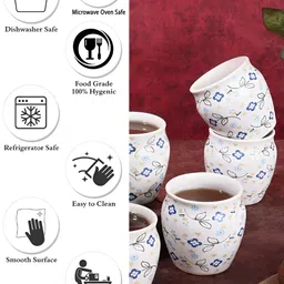 Aura White & Blue Printed Ceramic Glossy Kulladhs Set of Cups and Mugs image 4