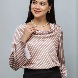 PURYS WORKSPACE Women Striped Cowl Neck Bell Sleeve Satin Top-picture-20