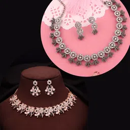 DIVASTRI Set Of 2 Rose Gold And Silver-Plated American Diamond-Studded Jewellery Set-picture-38