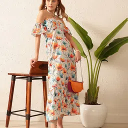 STREET 9 Floral Print Off-Shoulder Bell Sleeve Crepe Maxi Dress-picture-41