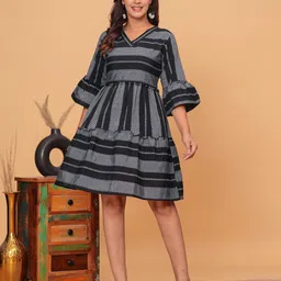 SARAI CREATIONS Women Striped Bell Sleeves Cotton Fit & Flare Mini Dress-picture-25