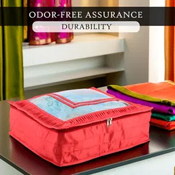 Aura Red & Transparent 3 Pieces Frill Top Window Satin Saree Bag Organisers image 5