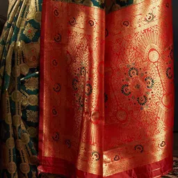 House of Pataudi Ethnic Motifs Woven Design Zari Kanjeevaram Litchi Silk Saree & Blouse image 5