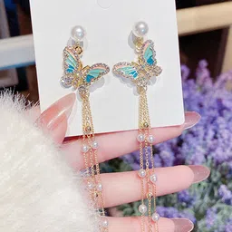 FIMBUL Gold Plated Artificial Stones Studded Butterfly Drop Earrings-image-89
