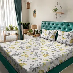Aura White & Yellow Floral Printed 300 TC Fitted King Bedsheet Set 2.5 x 2.25 m-picture-33