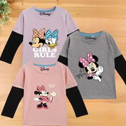 YK Disney Girls Pack Of 3 Printed Round Neck Doctor Sleeves Cotton T-shirts-picture-26